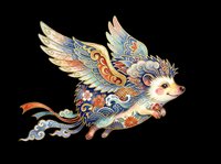 Flying hedgehog with ornate wings in traditional Asian folk art style, isolated on transparent background. Great for stickers, t-shirt design, print on demand, clipart.