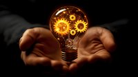 Glowing lightbulb with golden mechanical gears inside held in open palms against dark background, symbolizing innovation and creative business solutions.