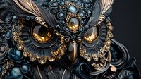 Ornate metallic owl face with jeweled eyes and intricate steampunk-inspired details in gold and blue tones against dark background. Decorative fantasy artwork.