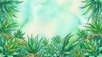 Watercolor frame with green succulents and aloe vera plants on a soft teal background, perfect for nature-themed designs and cards.