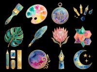 Watercolor clipart set with paintbrush, palette, compass, feather, leaf, flower, moon, and pen nib on transparent background, ready for stickers, t-shirts, and print on demand.