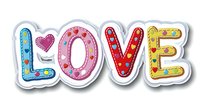 Colorful decorative word LOVE with polka dot pattern and heart detail, perfect for Valentine's Day cards, romantic designs, and celebration invitations on white background.
