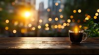 Hot coffee cup on rustic wooden table against blurred evening city lights and string light decorations creating cozy atmospheric bokeh background.