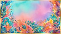 Colorful abstract watercolor background with vibrant floral and botanical ornamental borders, featuring turquoise, pink, orange and yellow hues for creative design projects.