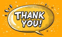 Comic style speech bubble with Thank You text on bright orange background with halftone dots and decorative splashes, retro pop art design for greeting cards and social media.