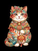 Ornate lucky cat with floral crown and decorative robes isolated on transparent background, ready for t-shirts, stickers, clipart, print-on-demand products and sublimation designs.