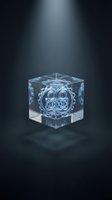 Glowing ornamental symbol suspended inside transparent crystal cube on dark background, suitable for technology, innovation, and futuristic design projects.