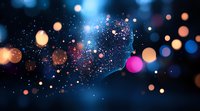 Magical night sky with glowing bokeh lights in blue and orange colors, bright pink orb and sparkling particles creating dreamy atmospheric effect.
