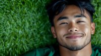 Young Asian man with beard lying on green grass smiling peacefully outdoors in natural sunlight for wellness and relaxation lifestyle content.