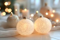 Glowing white frosted glass Christmas baubles on light fabric with soft bokeh lights creating magical holiday atmosphere. Elegant festive decor.