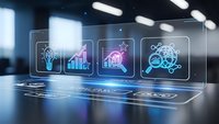Futuristic holographic interface displaying business analytics icons with glowing neon effects in modern office environment for digital transformation.