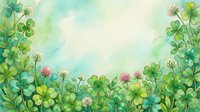 Watercolor green clover field border with pink and white flowers on soft pastel background, copy space for St. Patricks Day or spring greeting card.
