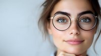 Young professional woman with round eyeglasses and natural makeup smiling confidently at camera against soft gray background for business portraits.
