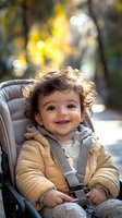 Smiling mixed race toddler with curly hair wearing yellow winter jacket sits safely strapped in stroller outdoors with natural bokeh background in autumn park.