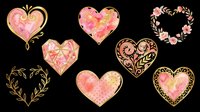 Ornamental hearts with floral patterns, gold accents, and watercolor textures isolated on transparent background. Ready for t-shirt designs, stickers, clipart, sublimation, print-on-demand products, and digital crafts.