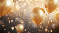 Golden balloons floating against blurred bokeh background with sparkles and confetti, creating luxurious festive atmosphere for celebration and party design.
