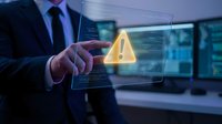 Businessman touching holographic warning alert symbol on transparent screen in modern office with digital data displays for cybersecurity concepts.