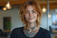 Young tattooed woman with short blonde hair smiling in modern cafe or restaurant interior with warm lighting and contemporary design elements.