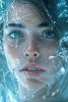 Close-up face with intense blue eyes surrounded by glowing ethereal effects and shattered glass fragments creating magical atmosphere for fantasy art designs.