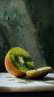Fresh cut kiwi fruit with water drops and splashes on dark green background, dramatic food photography showing juicy texture and vibrant colors.