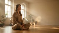 Young woman practicing mindfulness meditation in peaceful sunlit room with warm natural light streaming through windows creating serene wellness atmosphere.