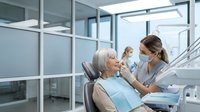 Female dentist examining senior woman patient in modern dental clinic office with large windows and contemporary equipment for oral healthcare checkup.