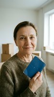 Senior Caucasian woman holding blue passport in new home with moving boxes, ready for travel or immigration documentation needs.