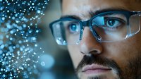 Close up portrait of bearded man in glasses illuminated by blue digital particles and lights, representing technology and innovation in modern world.