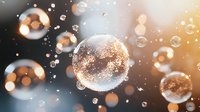 Magical soap bubbles floating in air with golden bokeh lights and sparkles creating dreamy atmosphere. Macro photography with soft focus effect and warm tones.