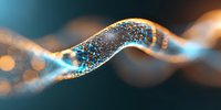 Glowing wave of luminous particles flowing in dark space with blue and orange bokeh lights creating futuristic digital network concept.