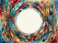 Colorful tribal feather wreath frame with ethnic patterns and ornamental designs on textured background for bohemian decoration projects.