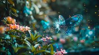 Magical glowing butterfly among pink spring flowers in mystical garden setting with bokeh lights and sparkles creates dreamy nature atmosphere.
