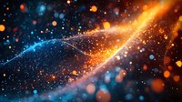Vibrant cosmic abstract with glowing orange and blue light trails against dark background, sparkling particles and bokeh effects create magical space atmosphere.