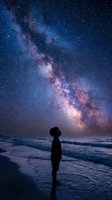 Silhouette of person standing on beach under spectacular Milky Way galaxy with purple and blue cosmic colors stretching across starry night sky over ocean waves.