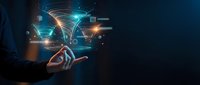 Hand holding glowing digital network with connected devices and data streams for technology and connectivity concepts in business presentations.