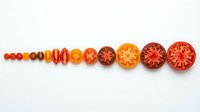 Fresh ripe tomatoes sliced in progressive sizes arranged in a line on white background, showing cross-sections and whole fruits for cooking and food styling.