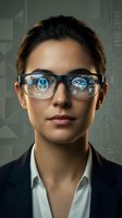 Professional businesswoman wearing smart glasses with augmented reality display showing brain analytics and data visualization for future technology concepts.