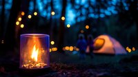 Glowing candle lantern illuminating forest campsite at dusk with tent and string lights creating cozy outdoor atmosphere for wilderness adventure.