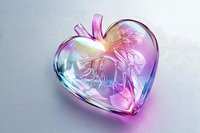 Glowing anatomical heart in heart-shaped glass container with pink and blue gradient lighting on light background, medical concept visualization.