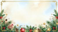 Festive holiday border with evergreen branches, gold stars, ornaments, and pinecones on cream background, isolated for greeting cards and seasonal designs.