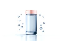 Clear glass jar with rose gold lid surrounded by floating water drops on white reflective surface, minimalist cosmetic packaging design for beauty products.