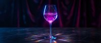 Neon-glowing wine glass filled with pink liquid on dark surface with vibrant purple and blue light effects, suitable for beverage, nightlife, and modern bar design projects.