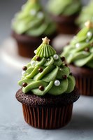 Festive chocolate cupcakes with green frosting piped to resemble Christmas trees, decorated with pearl sprinkles and gold star toppers.