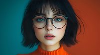 Young Asian woman with short black hair and round glasses wearing orange sweater against turquoise and orange background, beauty portrait with modern color contrast.