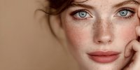 Young Caucasian woman with freckles and blue eyes touching face in natural beauty portrait for skincare and cosmetics advertising.