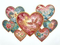Ornate heart-shaped designs with intricate floral patterns, birds, and decorative elements in rich jewel tones. Isolated clipart ready for Valentine's Day cards, wedding invitations, and romantic design projects.