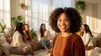 Young African American woman with curly hair smiling in cozy living room with friends socializing in background during casual gathering at home.