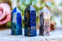 Collection of polished gemstone crystal towers in blue and purple hues arranged on wooden surface with soft floral background for healing and meditation.
