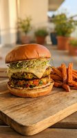 Gourmet veggie burger with melted cheese and sprouts served with sweet potato fries on wooden board in outdoor restaurant setting.