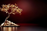 Golden bonsai tree with coins as leaves on dark red background symbolizing wealth growth and financial prosperity investment concept.